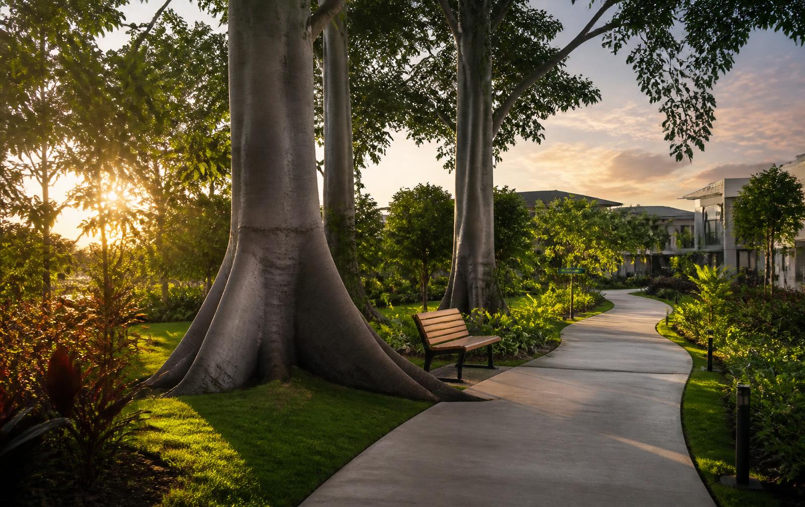 Sendero arbolado con banca y jardines al atardecer